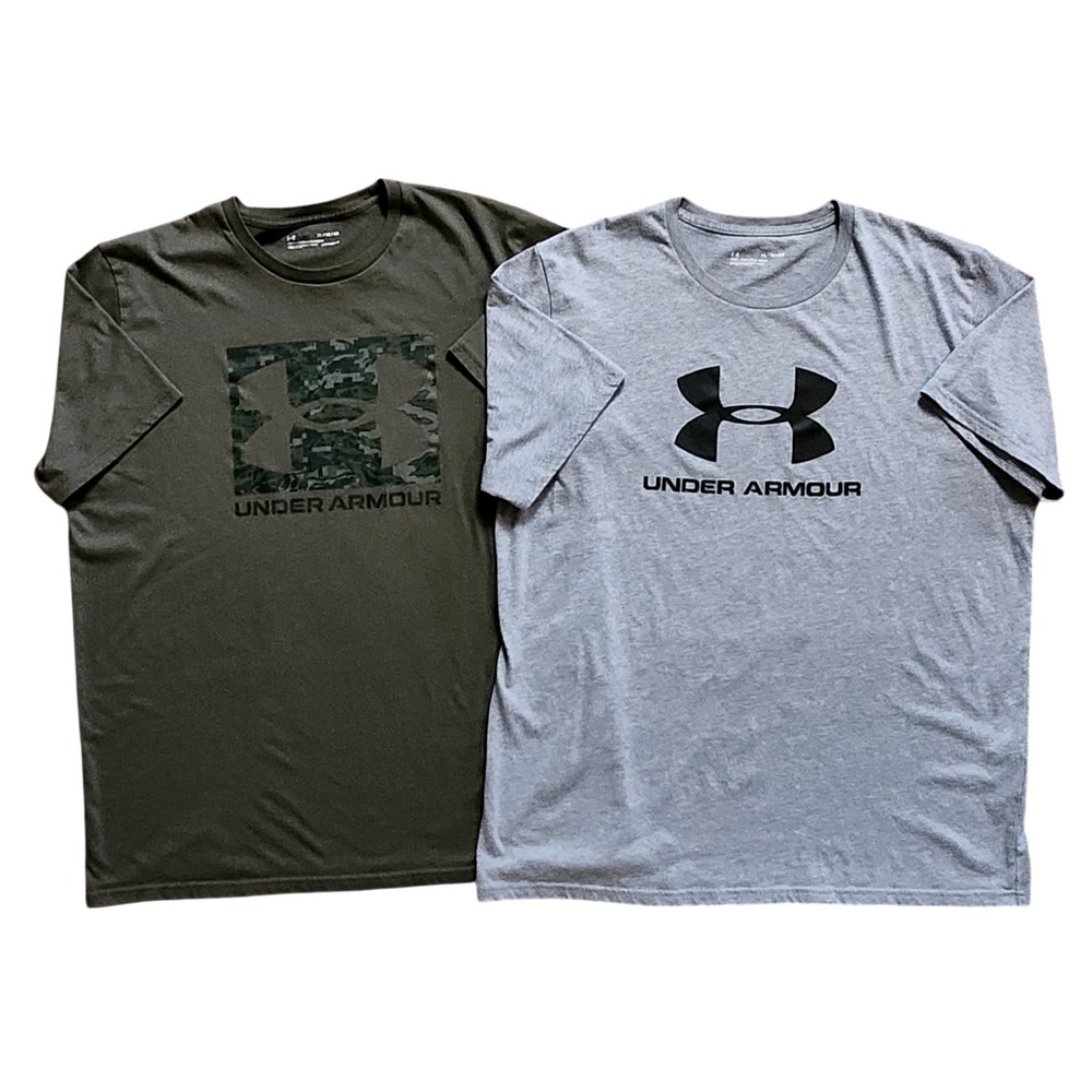 Lot of 2‎ Under Armour T-Shirts Mens XL Olive Green Camo Gray Casual Athletic